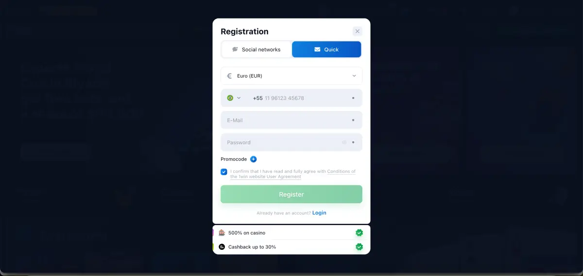 Registration screen at 1win with Le Bandit banner