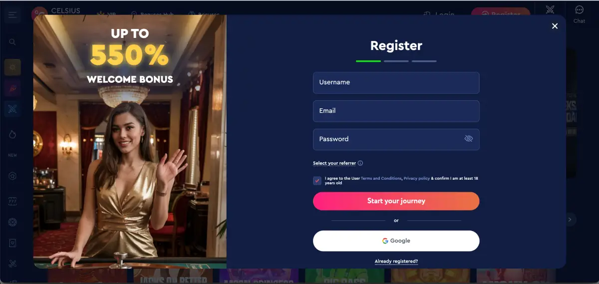 Registration screen at Celsius Casino for Le Bandit