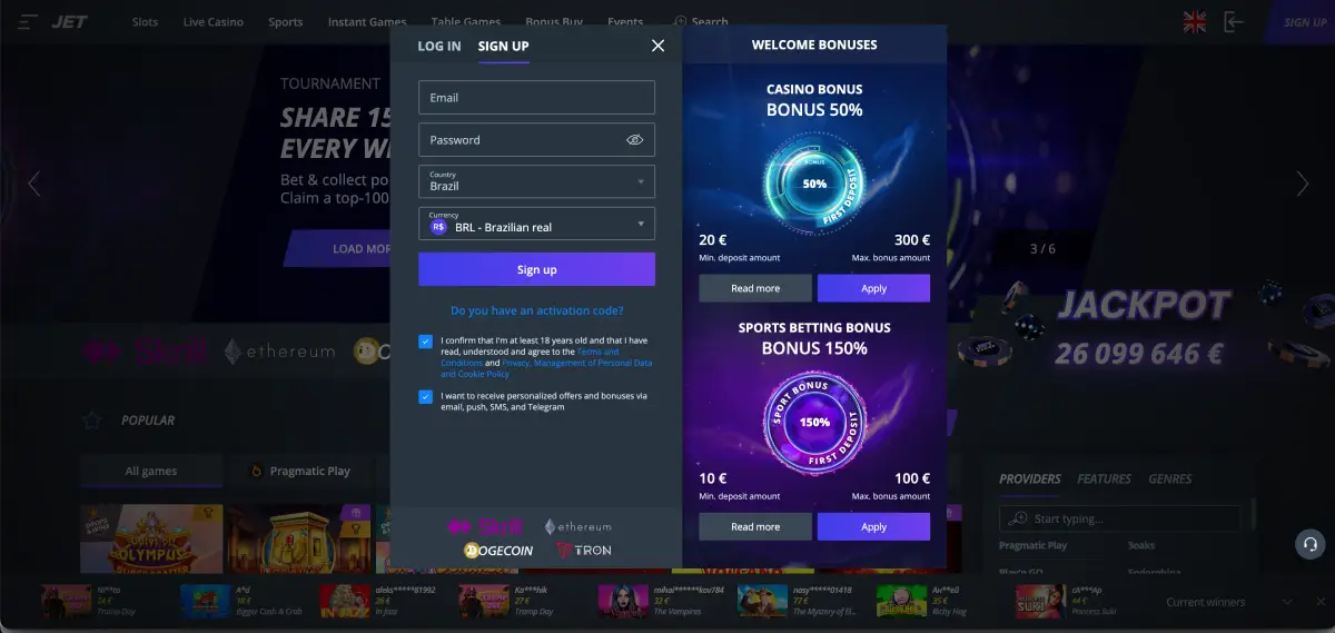 CRASHWIN promo code for Jet Casino registration