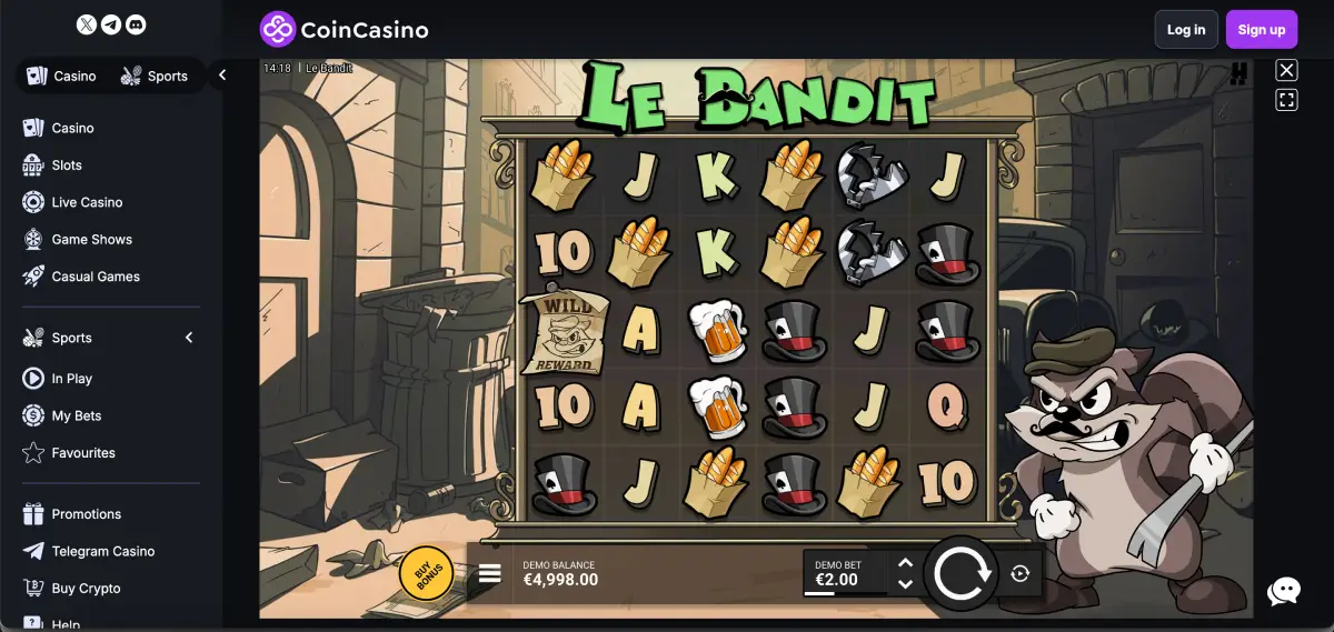 Le Bandit CoinCasino slot gameplay with crypto bet