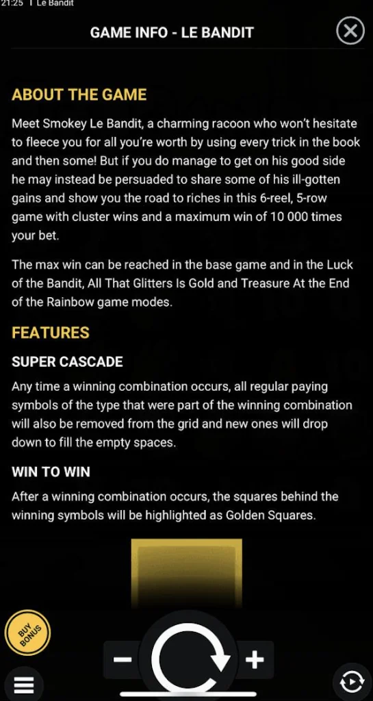 Le Bandit regulations screen